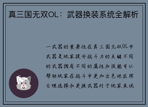 真三国无双OL：武器换装系统全解析