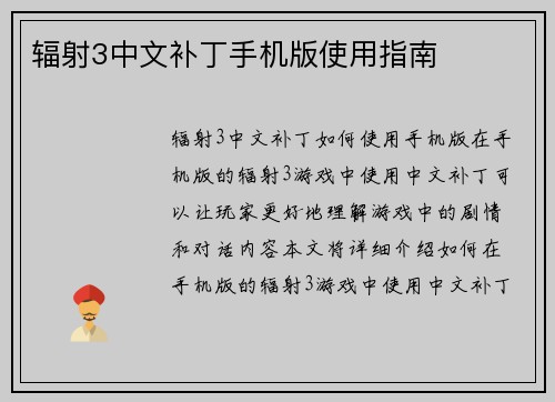 辐射3中文补丁手机版使用指南
