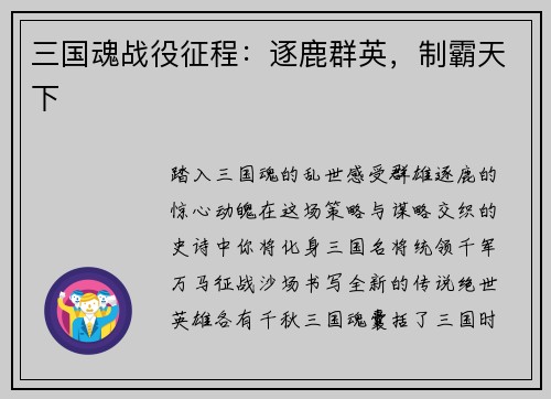 三国魂战役征程：逐鹿群英，制霸天下